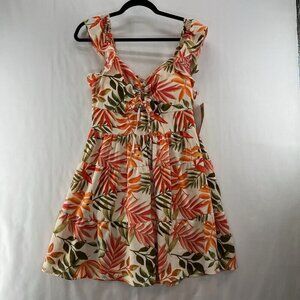 Madden NYC Dress Womens Sz L Juniors Flutter Sleeve Cut Out Boho Tropical Orange